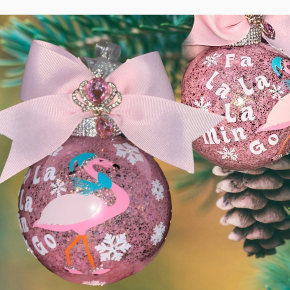 Pink Flamingo Glitter Christmas Tree Ornament, Customized Personalized, Holiday - Picture 1 of 16